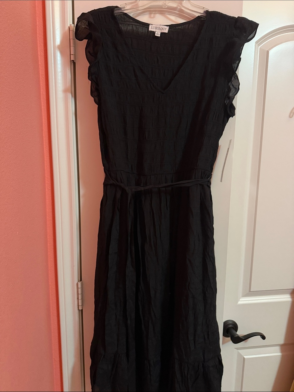 Luxology Black V-Neck Ruffle Sleeve Maxi Dress